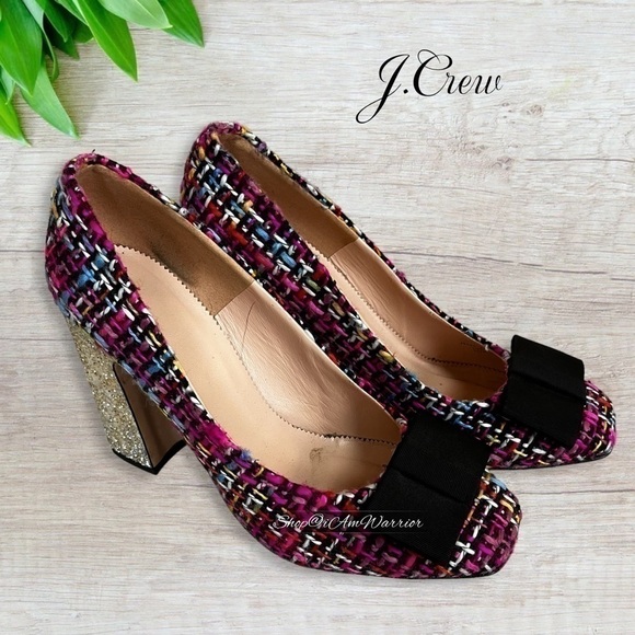 J.Crew magenta mixed tweed glitter block heels with ribbon toe bow - Picture 8 of 17